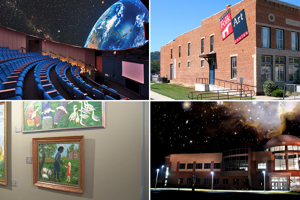 Photos of inside and outside of 2 buildings: the Star Theater at Morehead State University and The Kentucky Folk Art Center