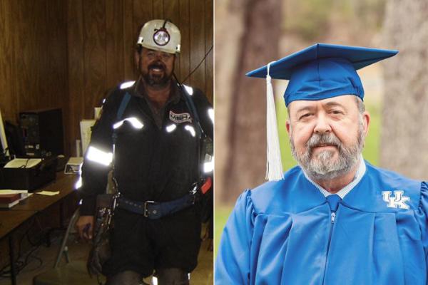 Pictured left: Jim Adams in coal mining gear, Pictured right: Jim Adams in University of Kentucky Graduate cap & gown