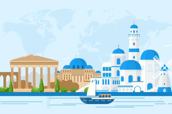 Vector graphic of Greece buildings and architecture, with a background of a global map in the background