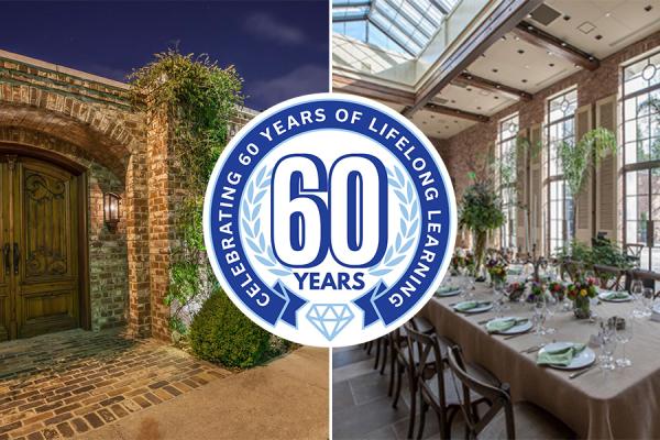 Photos of The Apiary in Lexington, Kentucky, featuring the outdoor brick gate and the indoor dining area. 60 Years of Lifelong Learning is placed in the center.