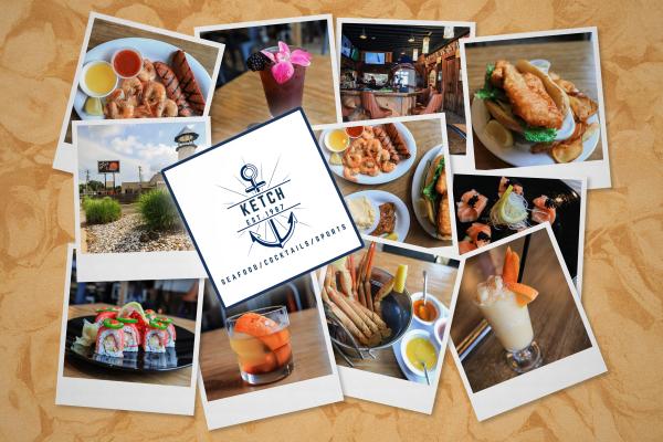 Various photos displaying food and drinks served at The Ketch restaurant such as catfish shrimp sushi and cocktails while also displaying photos of the restaurant exterior and bar and their logo