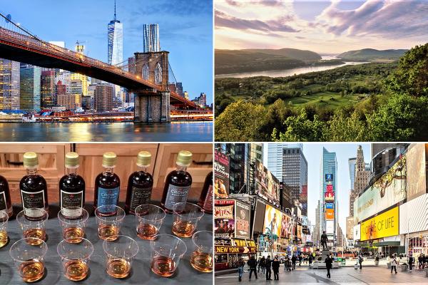 Photos including the NYC Skyline and bridge, a scenic photo of the Hudson river valley an assortment of various maple jars and glasses of maple, and a photo of Times Square taken from a street level view