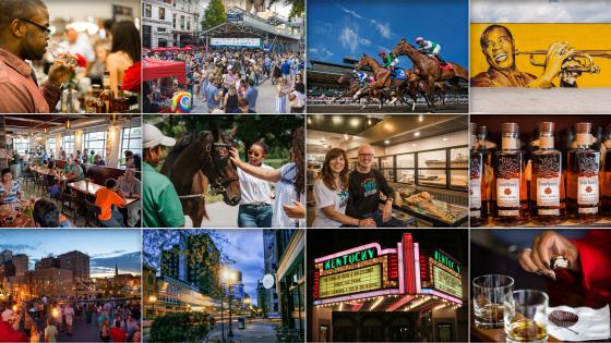 Collage of various aspects of Lexington culture, such as bourbon tasting, downtown events, horse racing, food, arts, and more.