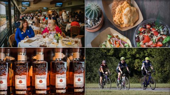 4 separate photos. Women dining at Keeneland, photos of DV8 Kitchen food, bottles of Four Roses bourbon, and men biking at the Legacy Trail in Lexington